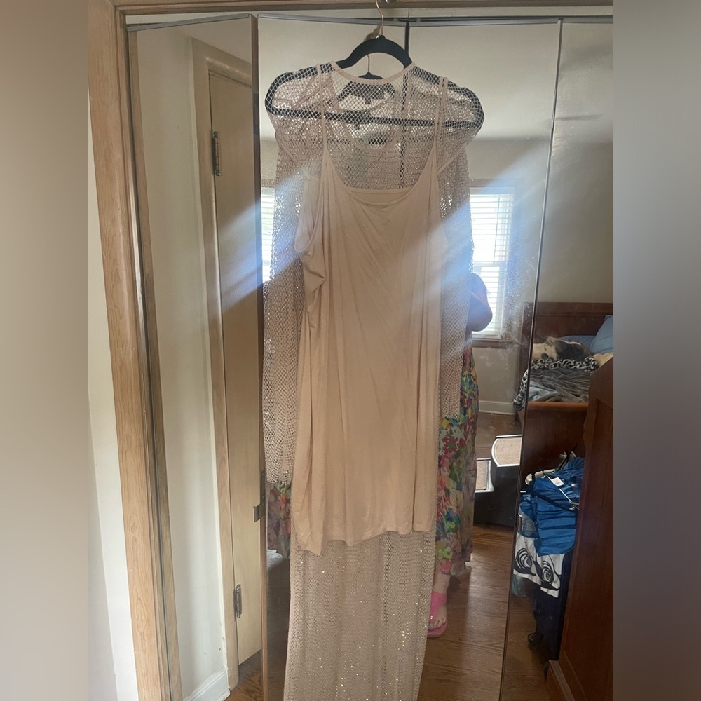 ✨ Sunday In Brooklyn anthropologie mesh rhinestone maxi dress slip NWT 1X Nude - Picture 9 of 17